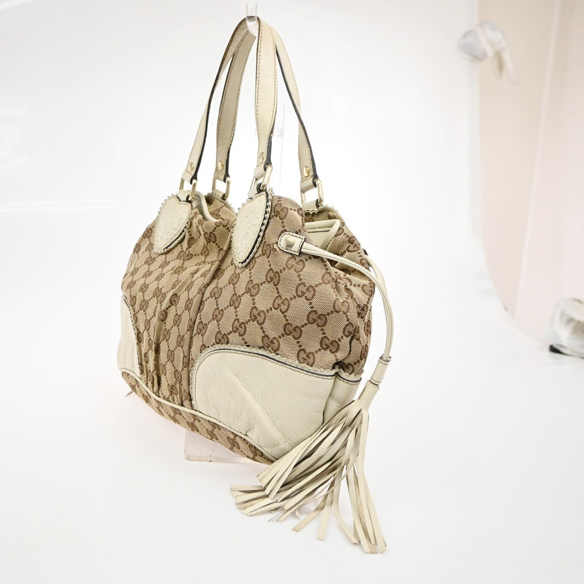 GUCCI GG Tassel Shoulder Tote Bag Canvas Leather Brown White Italy 62TA672
