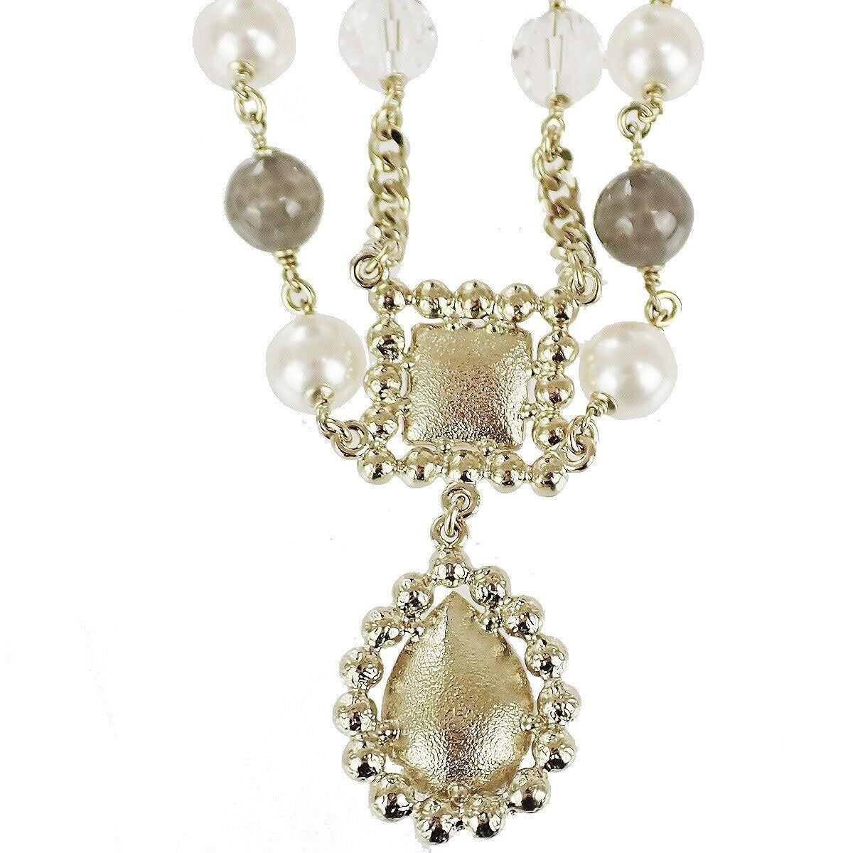 CHANEL CC Imitation Pearl Chain Long Necklace Color Stone G21V Gold 685LC023