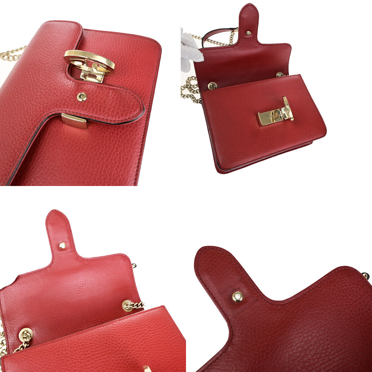 GUCCI Logo Interlocking G Chain Mini Shoulder Bag Leather Red GHW Italy 52YG617