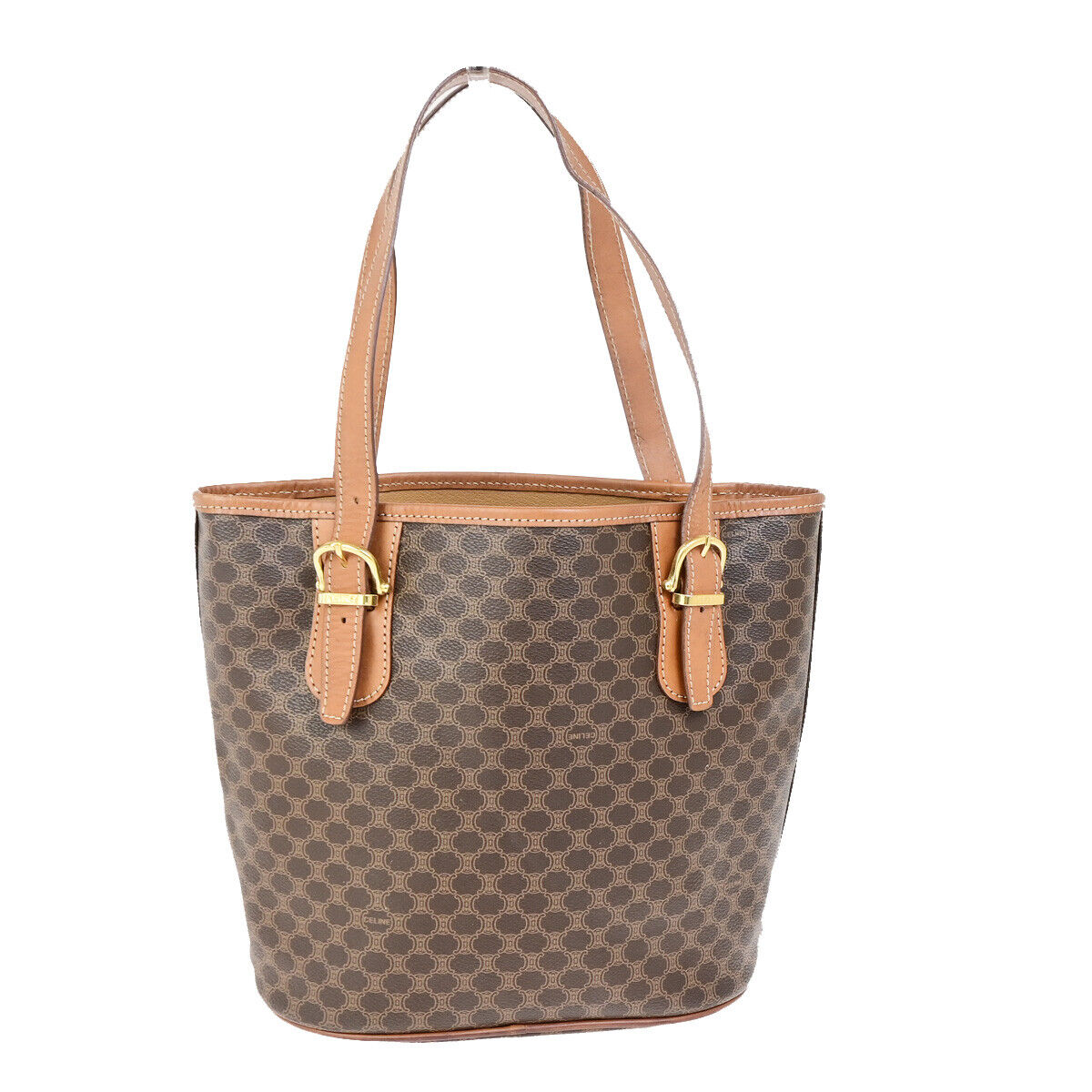 CELINE Logo Macadam Pattern Shoulder Tote Bag PVC Leather Brown GHW 62SJ475