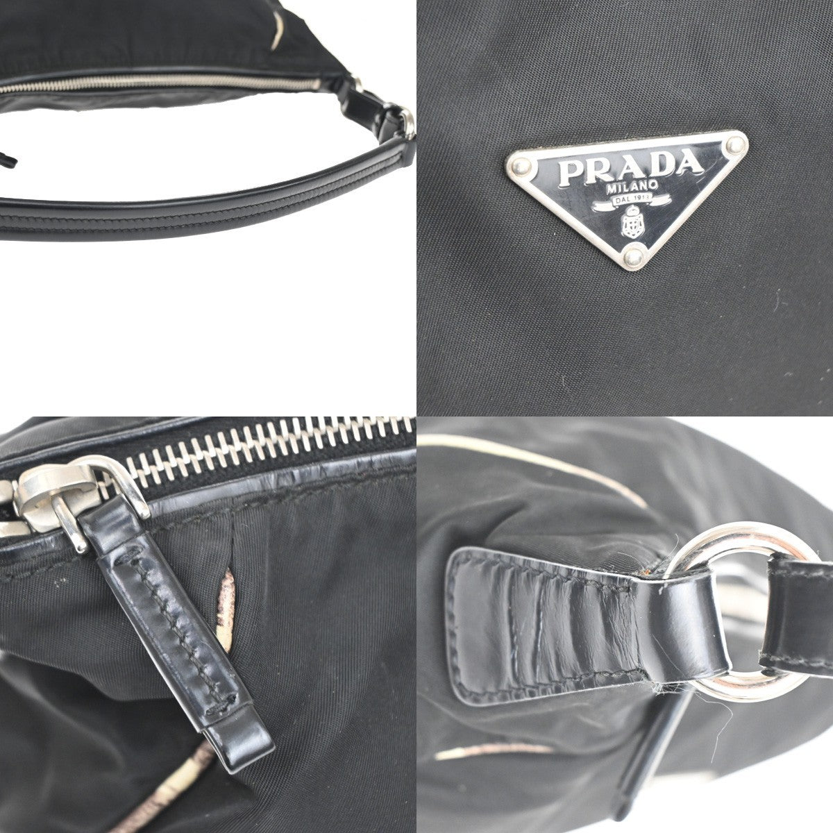 PRADA LOGO Tessuto Shoulder Bag Nylon Embossing Leather Black White SHW 34KC287