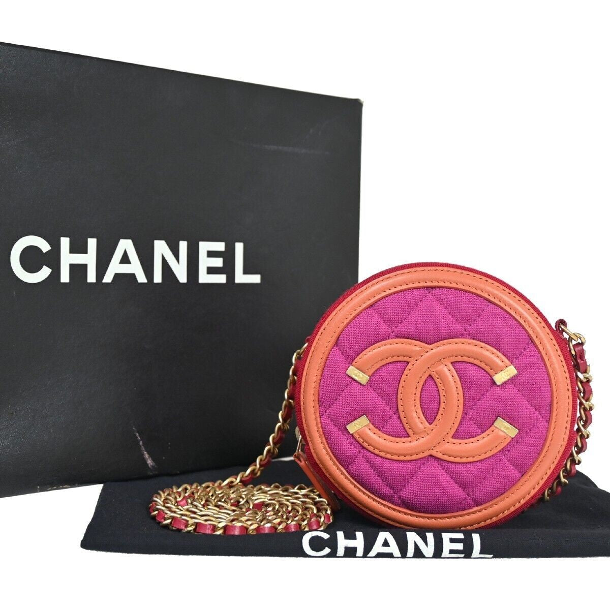CHANEL CC Round Mini Chain Shoulder Bag Canvas Leather Red Magenta 377RH640