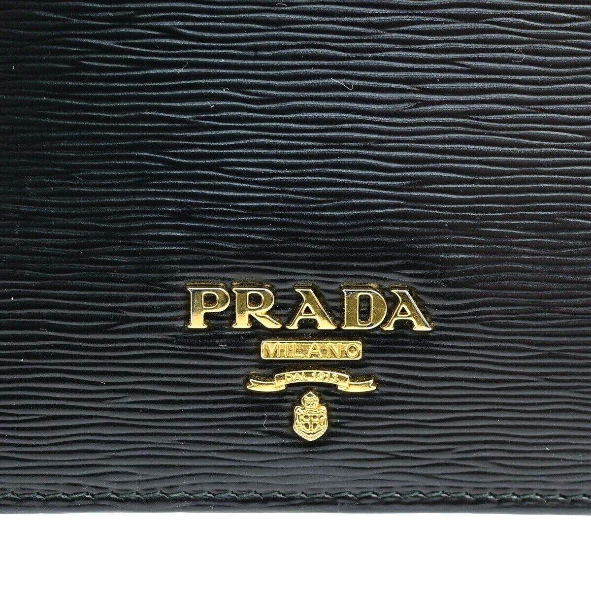 PRADA MILANO Logo Bifold Compact Wallet Vitello Move Leather Black Gold 61ED448