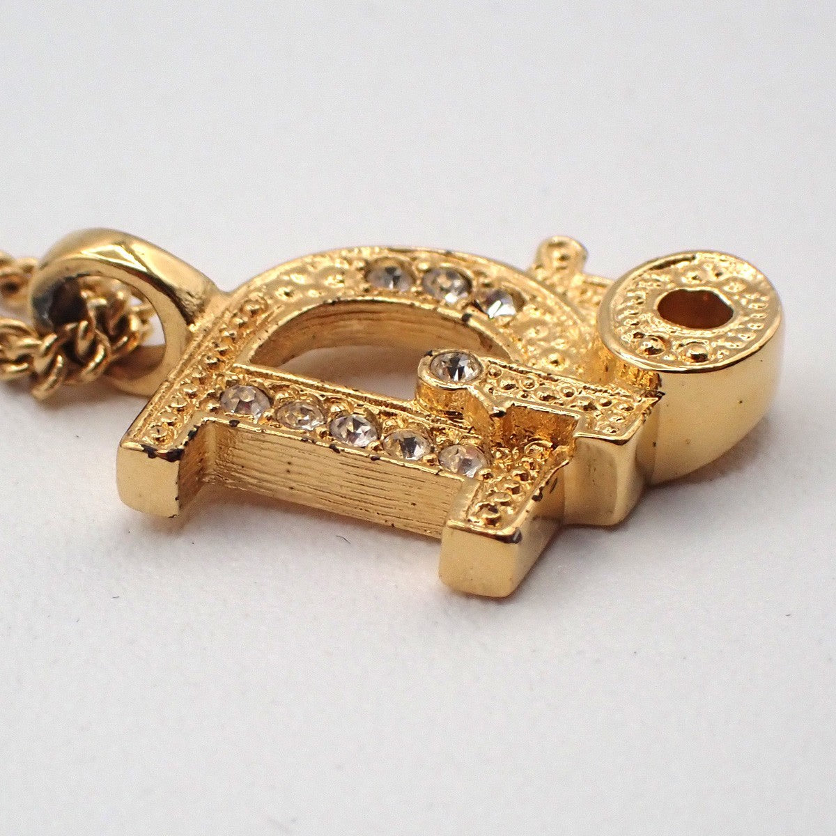 CHRISTIAN DIOR Logo Rhinestone Chain Necklace Pendant Gold Plated 02YJ116