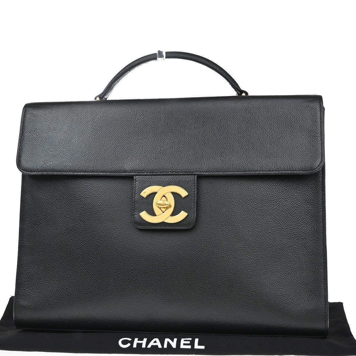 CHANEL CC Logo Business Hand Bag Grained Calfskin Leather Black GHW 375RF927