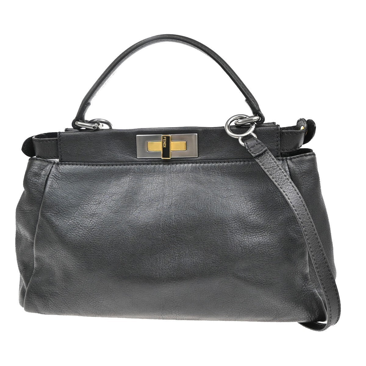 FENDI Logo Peekaboo 2Way Shoulder Hand Bag Leather Black Italy 85EE301