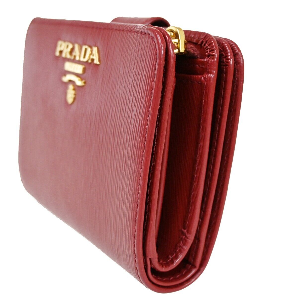 PRADA MILANO Logo Bifold Wallet Purse Vitello Move Leather Rubino Gold 76RH888