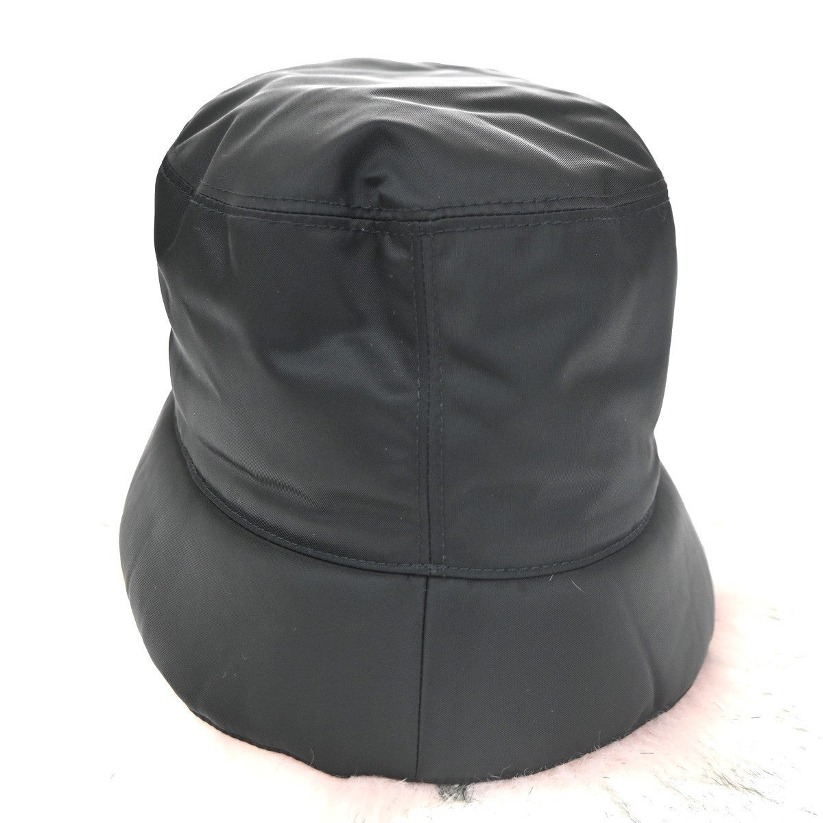 PRADA Plate Logo Bucket Hat Cap #M 58 Re-Nylon Fur Leather Black Pink 80RL689