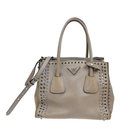 PRADA Studs 2Way Shoulder Hand Bag Leather Rhineston Beige GHW Spain 33TA590