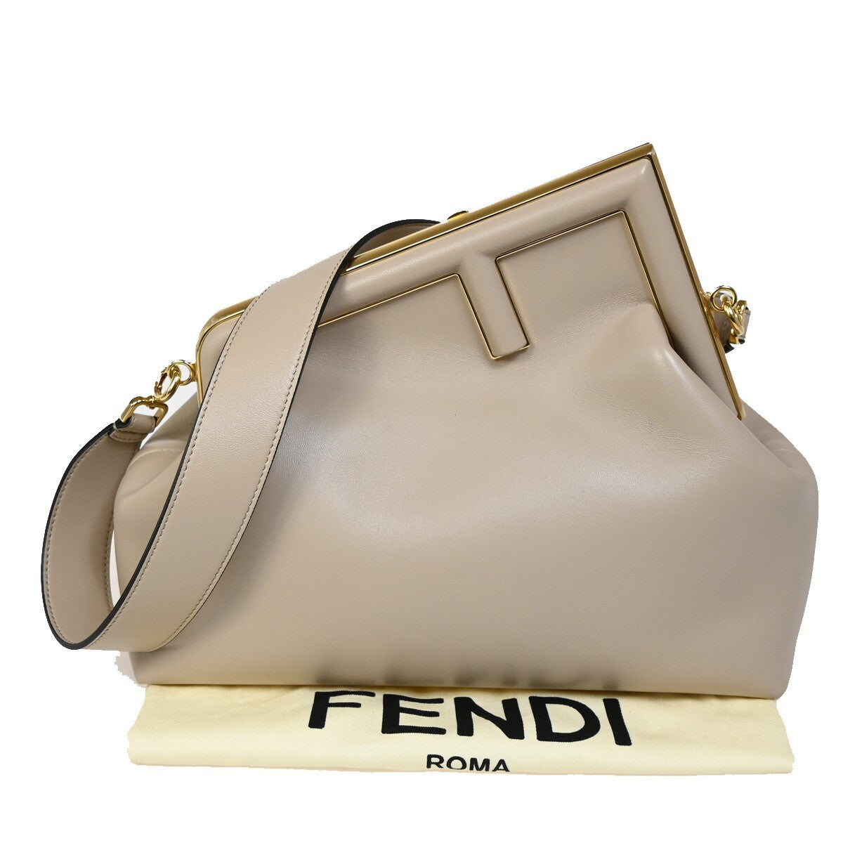 FENDI First Medium 2Way Shoulder Clutch Bag Leather Beige Gold Italy 370RJ786