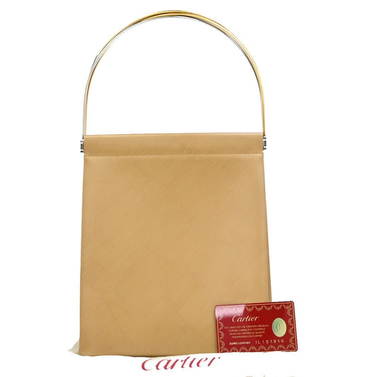 CARTIER Logo Trinity Tricolor Metal Handle Hand Bag Leather Beige France 77EE141