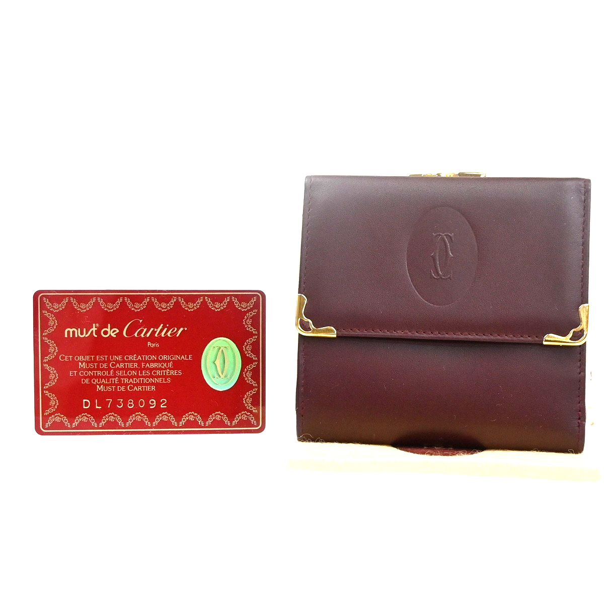 Cartier 2C Logo Trifold Compact Wallet Purse Leather Red Gold Italy 01RL879
