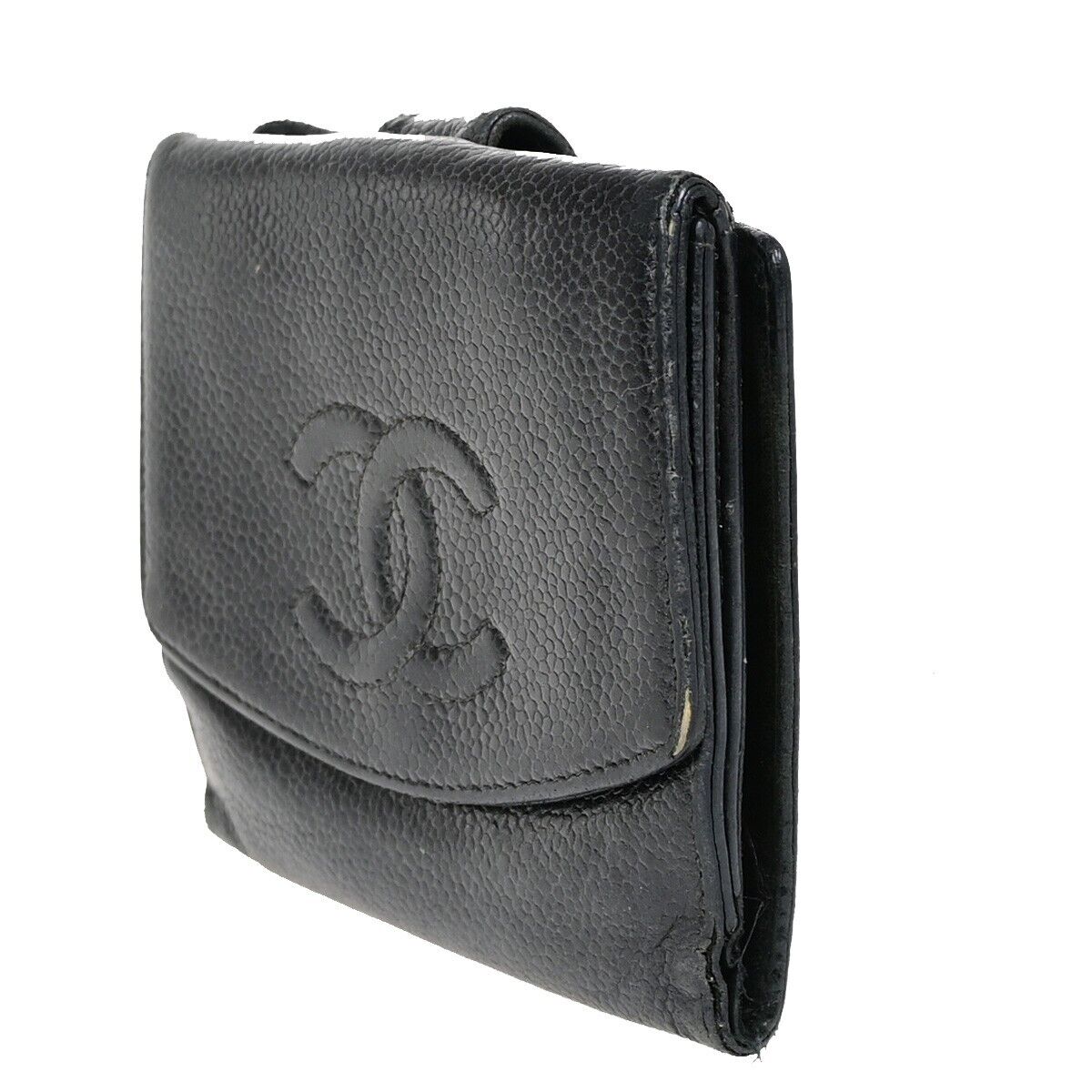 CHANEL CC Logo Bifold Wallet Purse Caviar Skin Leather Black GHW France 01YE954