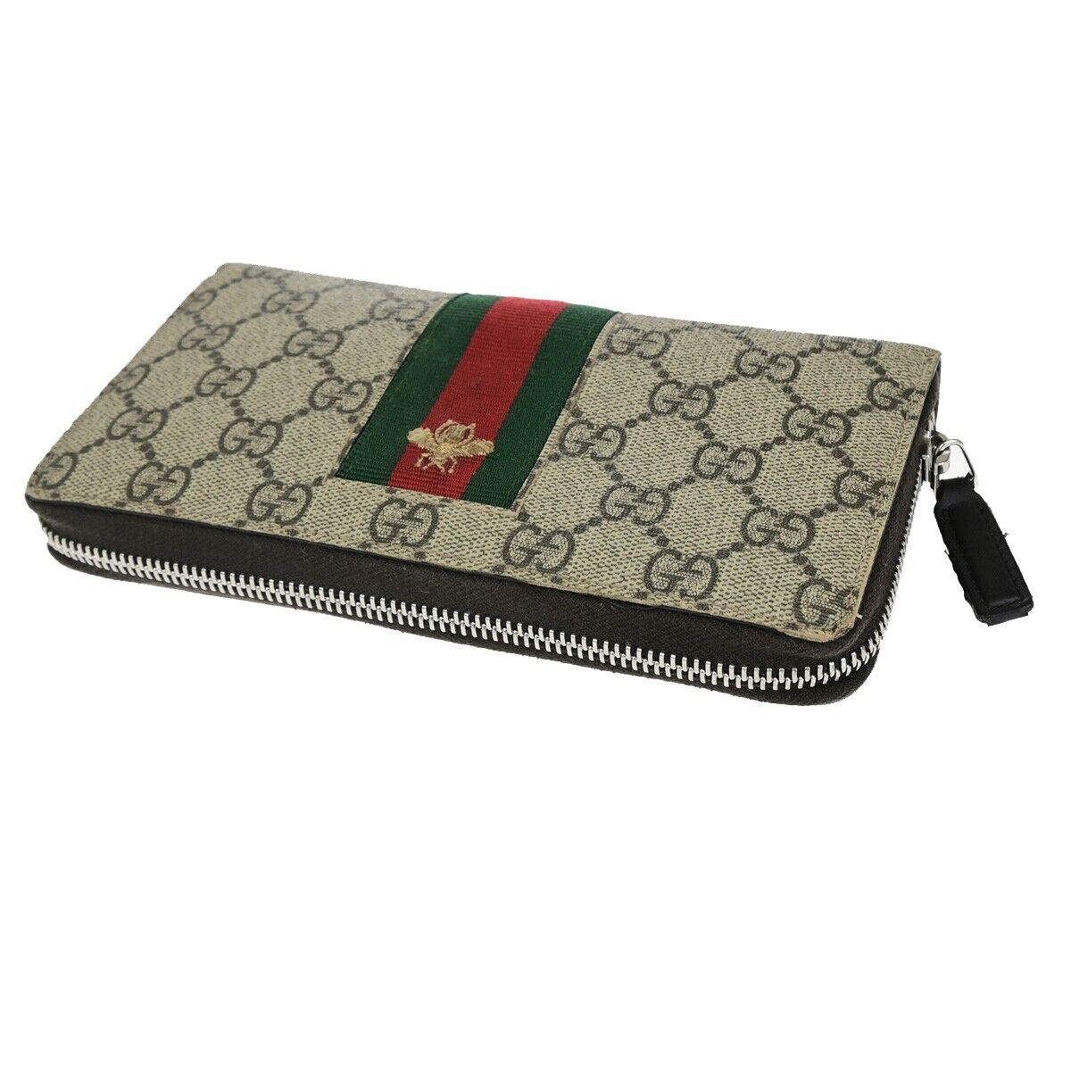 GUCCI Sherry GG Pattern Long Zipper Around Wallet Supreme Leather Brown 65EC844