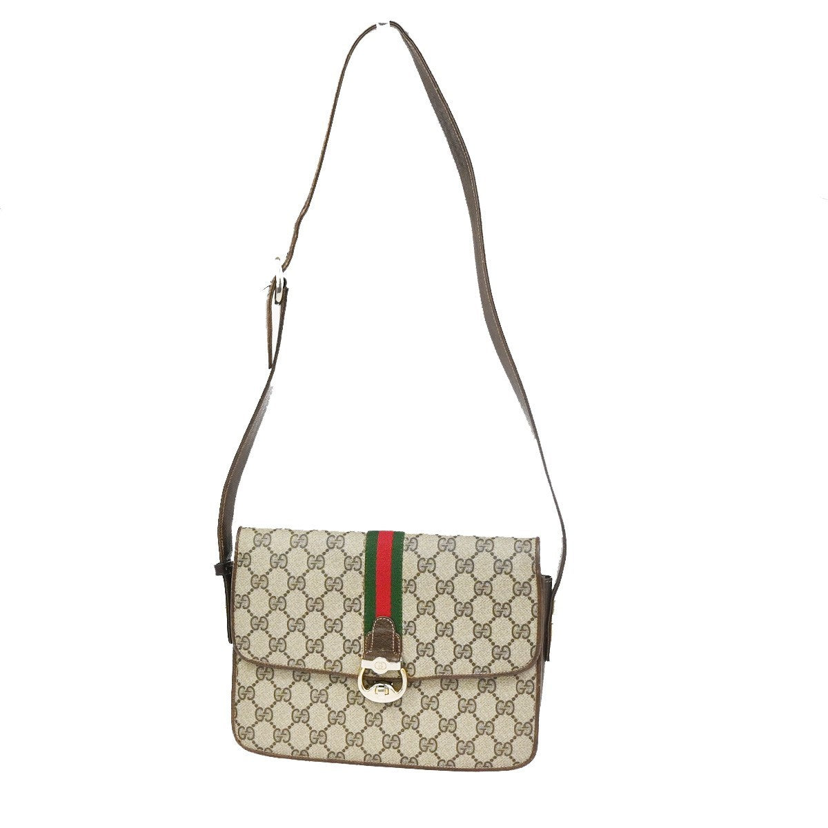 GUCCI Logo GG Pattern Sherry Flap Shoulder Bag PVC Leather Brown GHW 67KC907