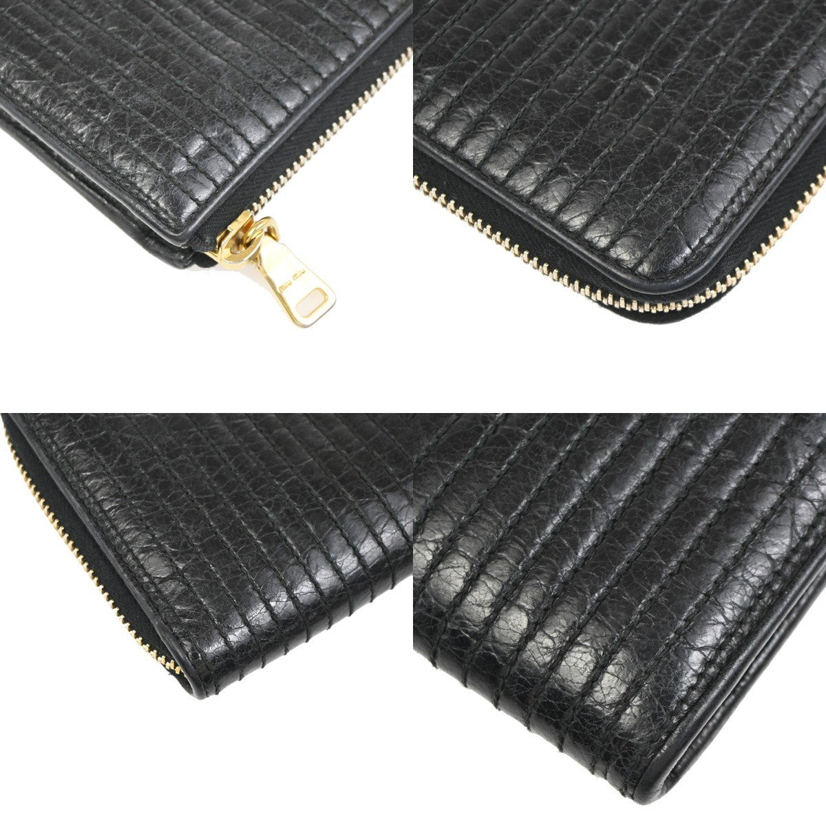 MIU MIU LOGO Matelasse Long Zipper Around Wallet Leather Black GHW 63KD079