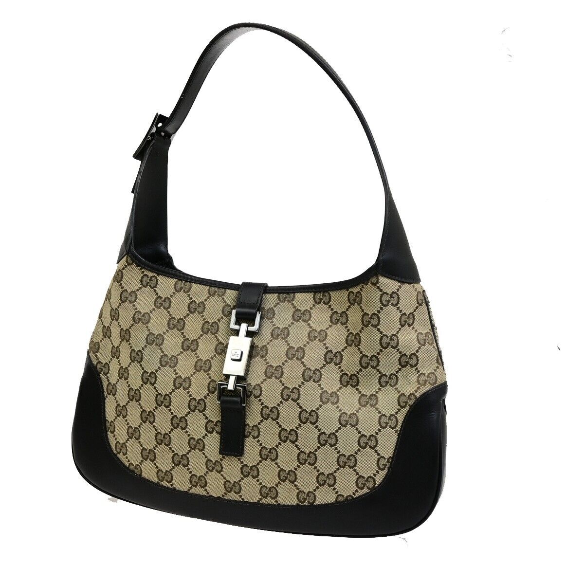 GUCCI GG Pattern Jackie Shoulder Bag Canvas Leather Brown Silver Italy 87FB348