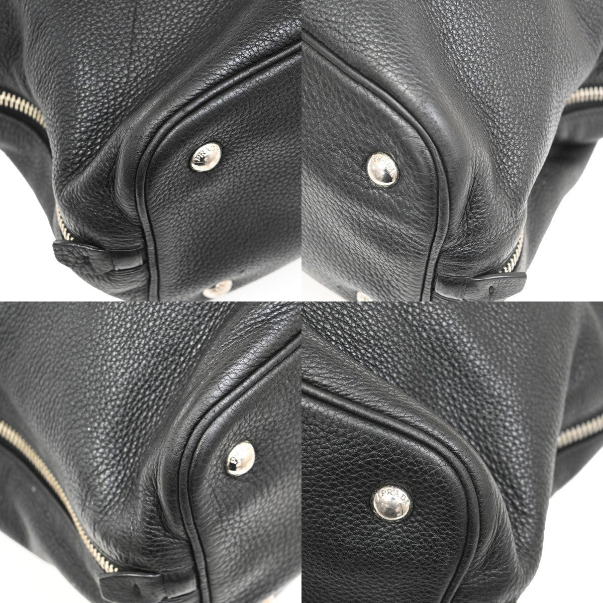 PRADA Logo Side zipper Hand Tote Bag Pebbled leather Black SHW 87TA115