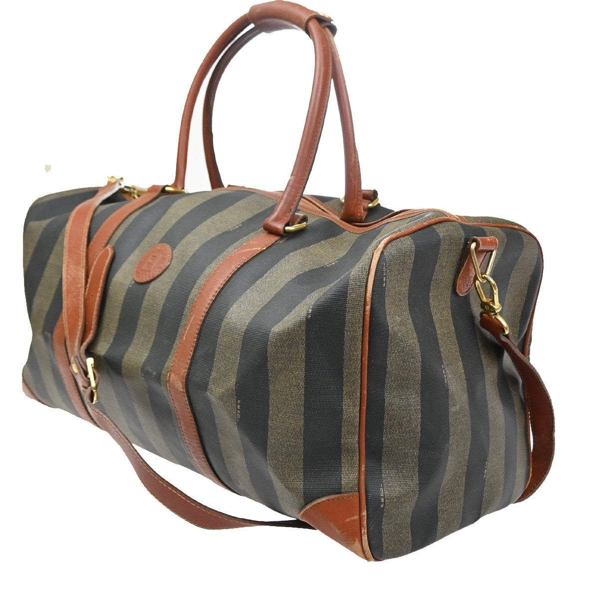 FENDI Logo Pequin Travel Boston 2Way Hand Bag PVC Leather Brown Italy 30YJ156
