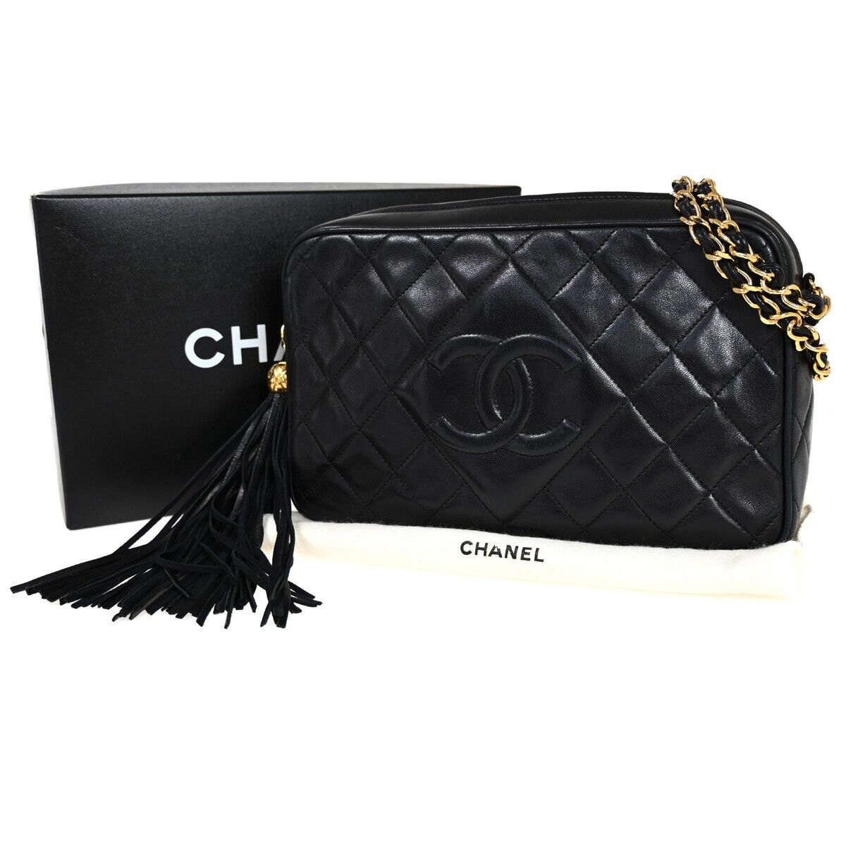 CHANEL CC Matelasse Fringe Chain Shoulder Bag Leather Black GHW Vintage 342RH983
