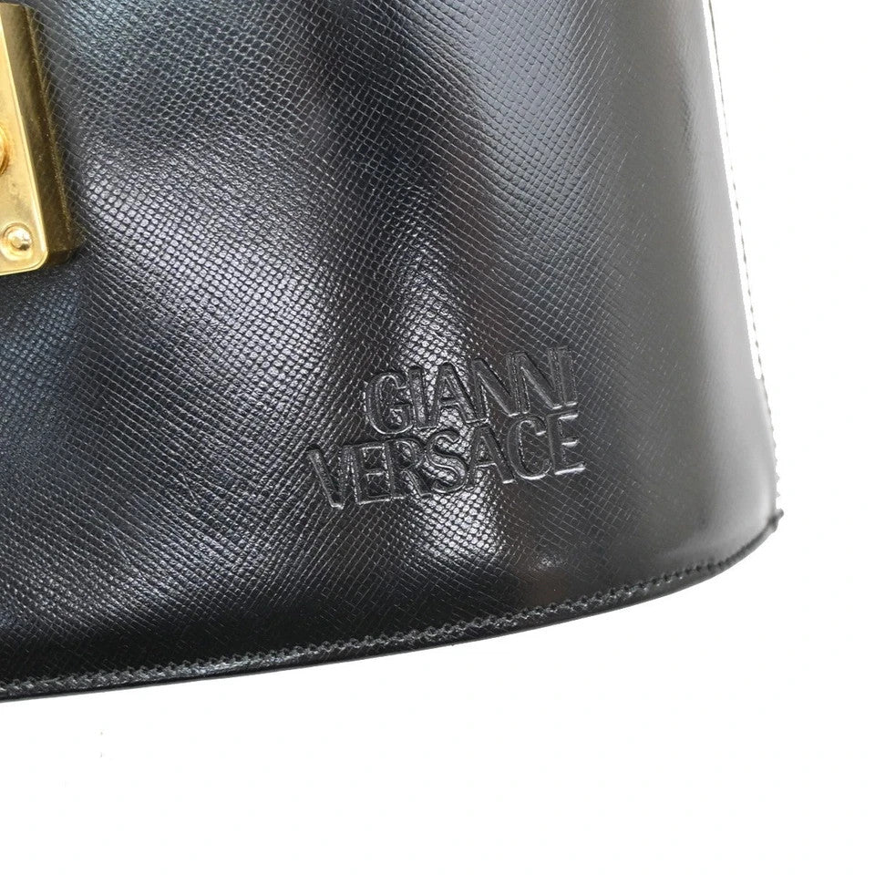 9.Live GIANNI VERSACE Sun Vanity Hand Bag Leather Black Gold-Plated 33KB766