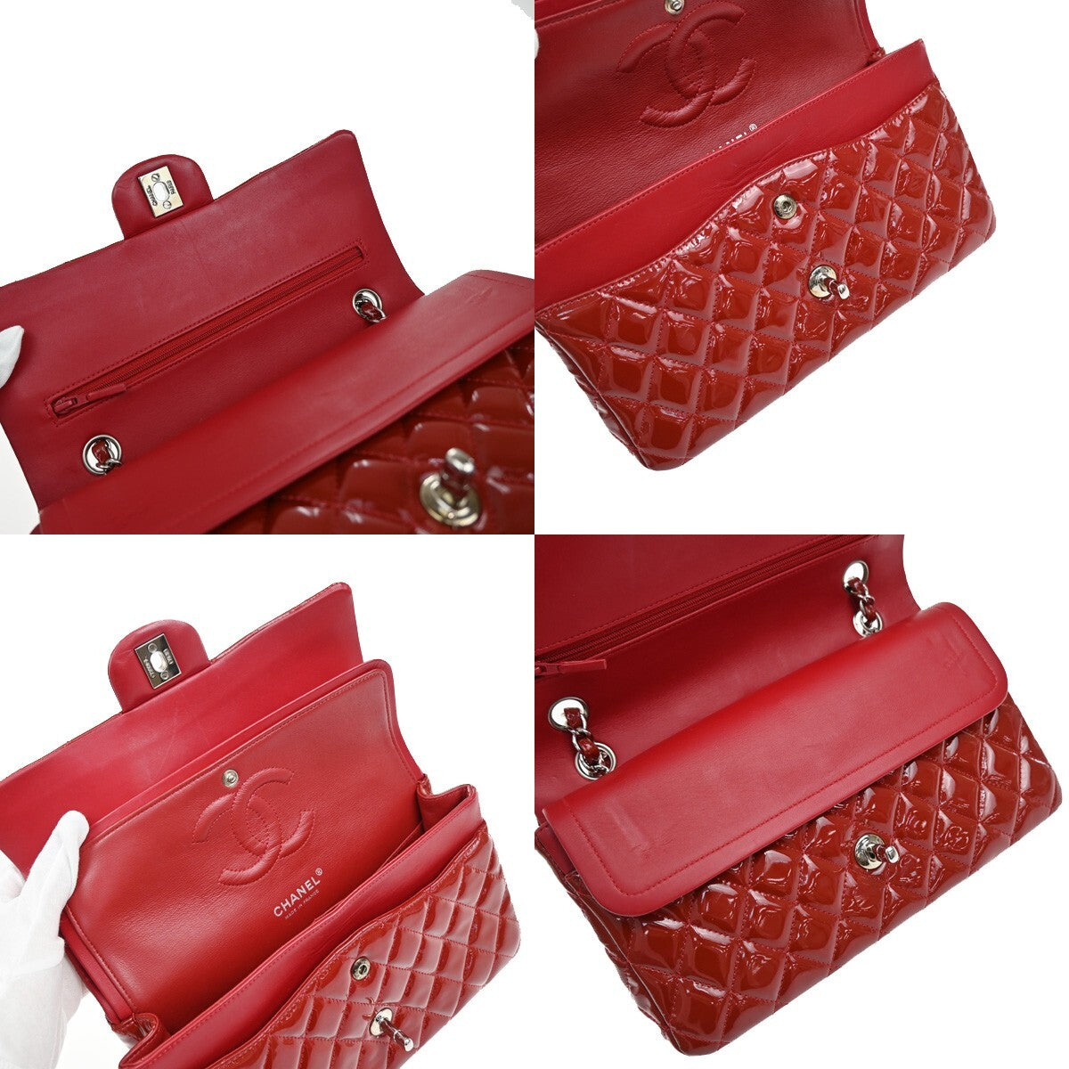 CHANEL Matelasse 25 Double Flap Chain Shoulder Bag Patent Leather Red 339RF259