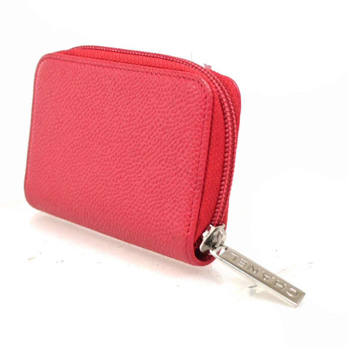 CHANEL CC Logo Zip Around Coin Wallet Grained Calfskin Leather Red Italy 87RL776