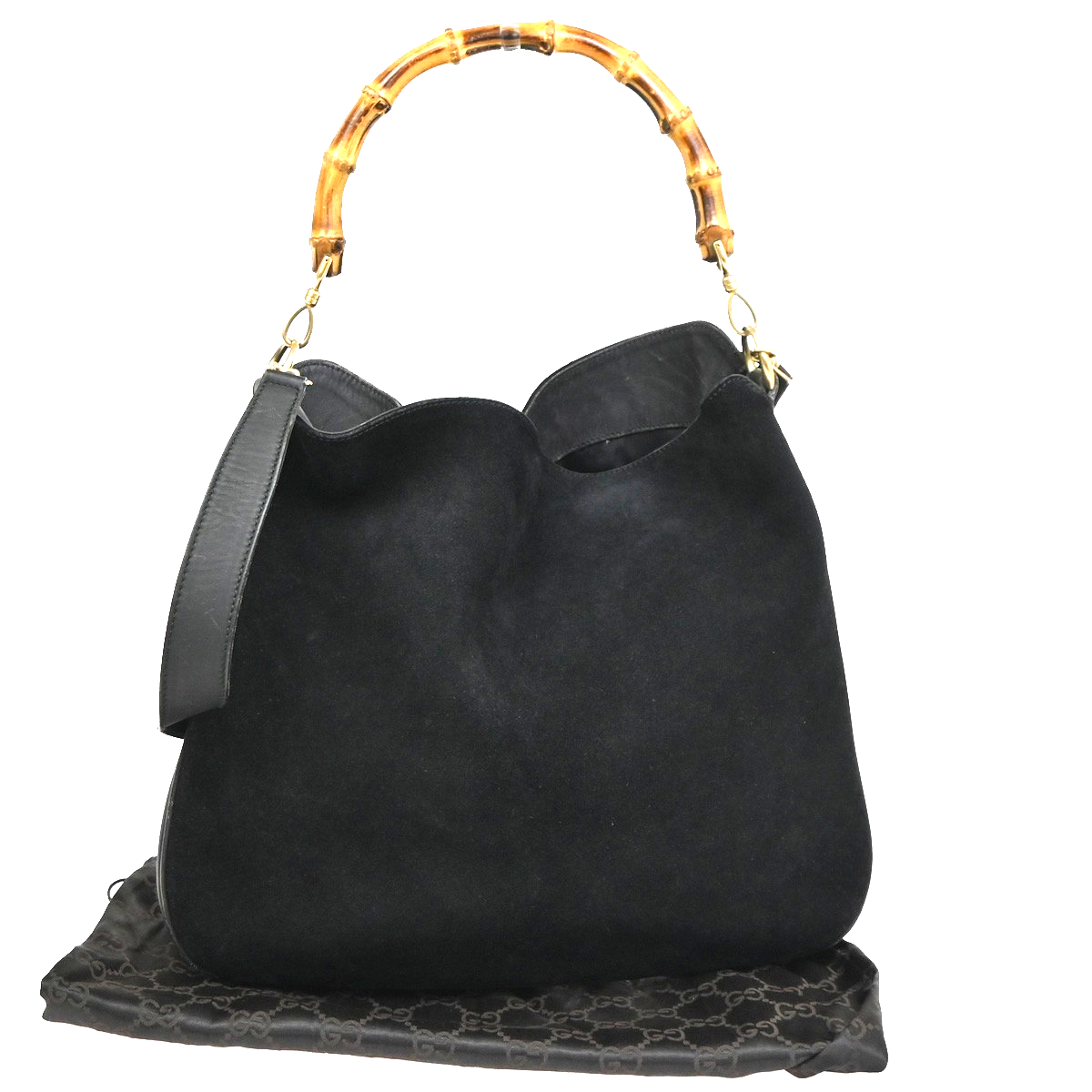 GUCCI Logo Bamboo 2Way Shoulder Hand Bag Suede Leather Black GHW Italy 38ZA308