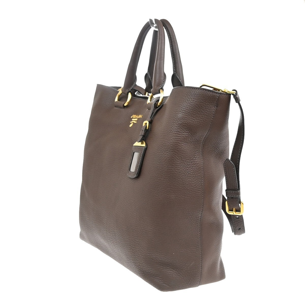 PRADA Logo 2Way Shoulder Tote Hand Bag Leather Brown Gold Italy 53RF343