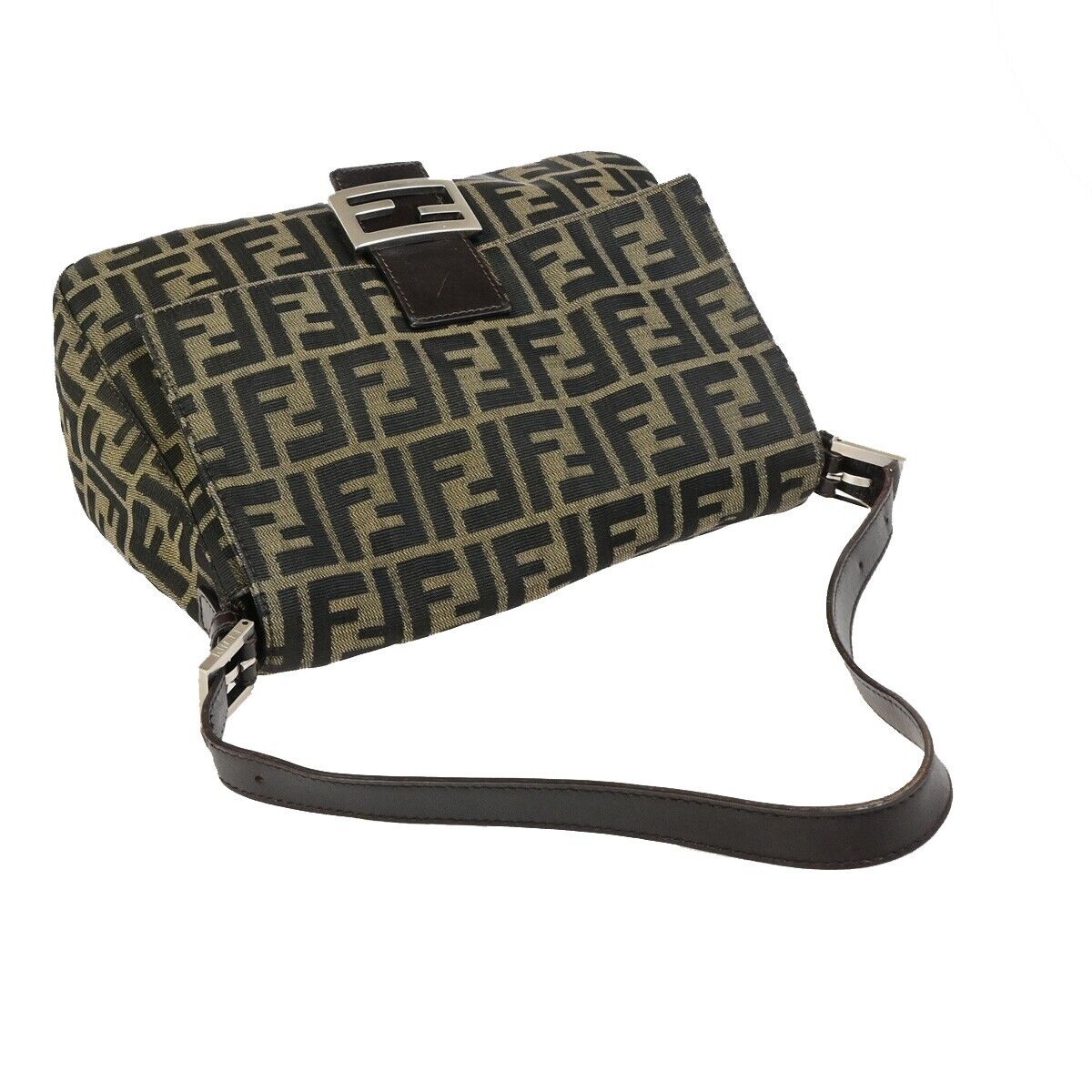 FENDI Logo Mamma Zucca Pattern Shoulder Bag Canvas Leather Brown SHW 74FB302