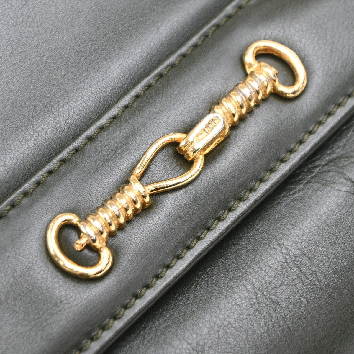 CELINE Logo 2Way Chain Shoulder Clutch Bag Leather Green GHW Italy 38KP439