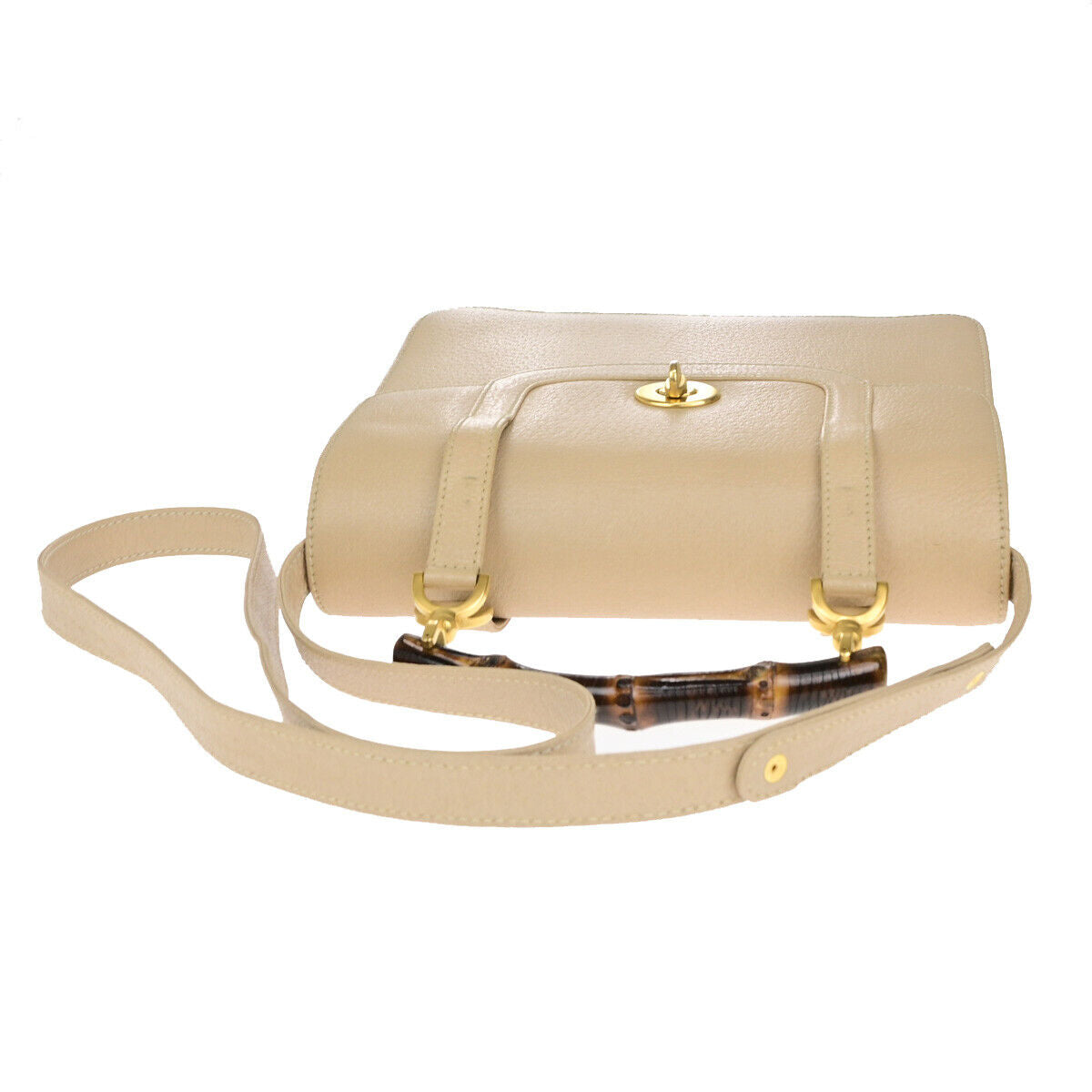 GUCCI Logo Bamboo 2Way Shoulder Hand Bag Leather Beige GHW Italy 95YG616