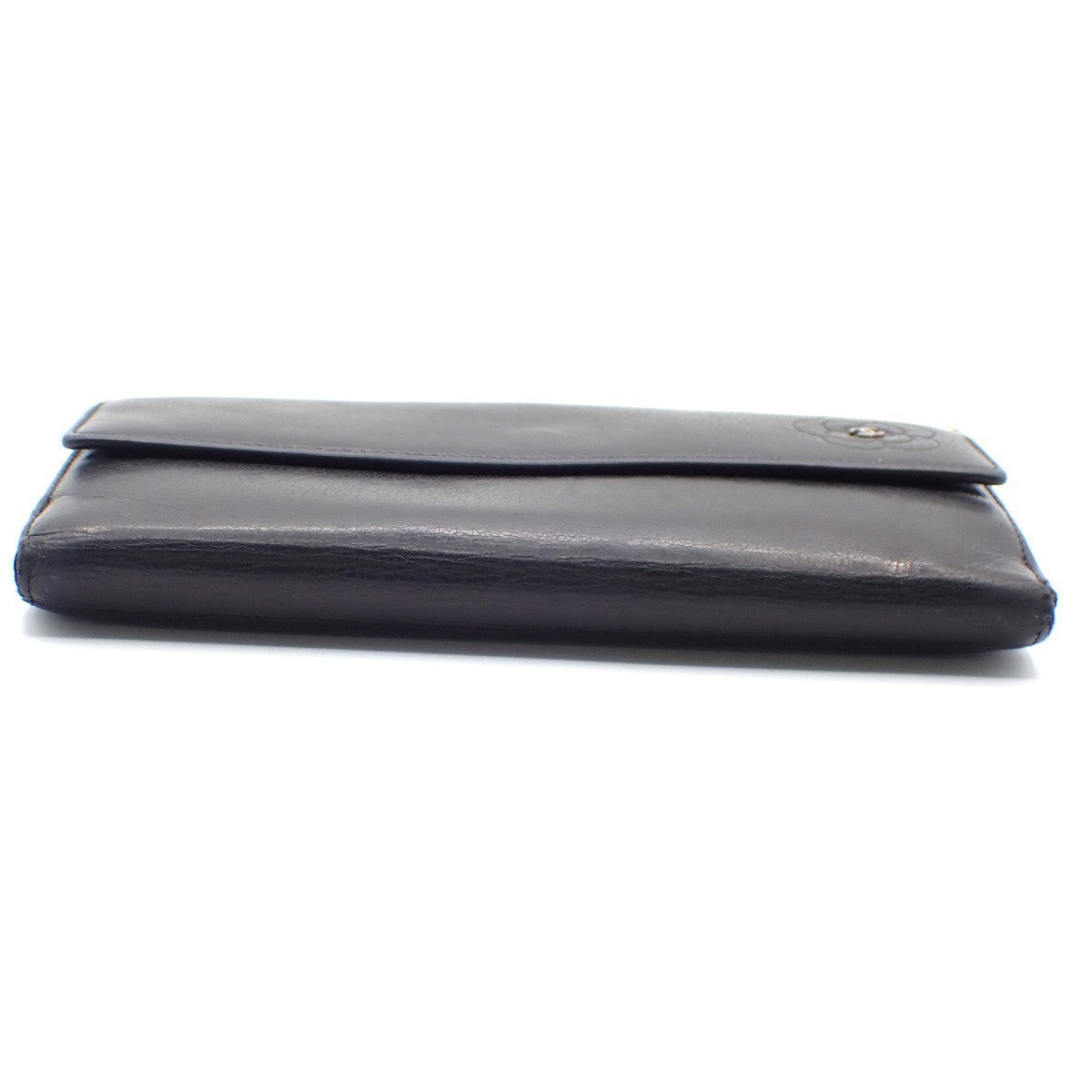 CHANEL CC Logo Camellia Long Bifold Wallet Purse Leather Black SHW 09KC573