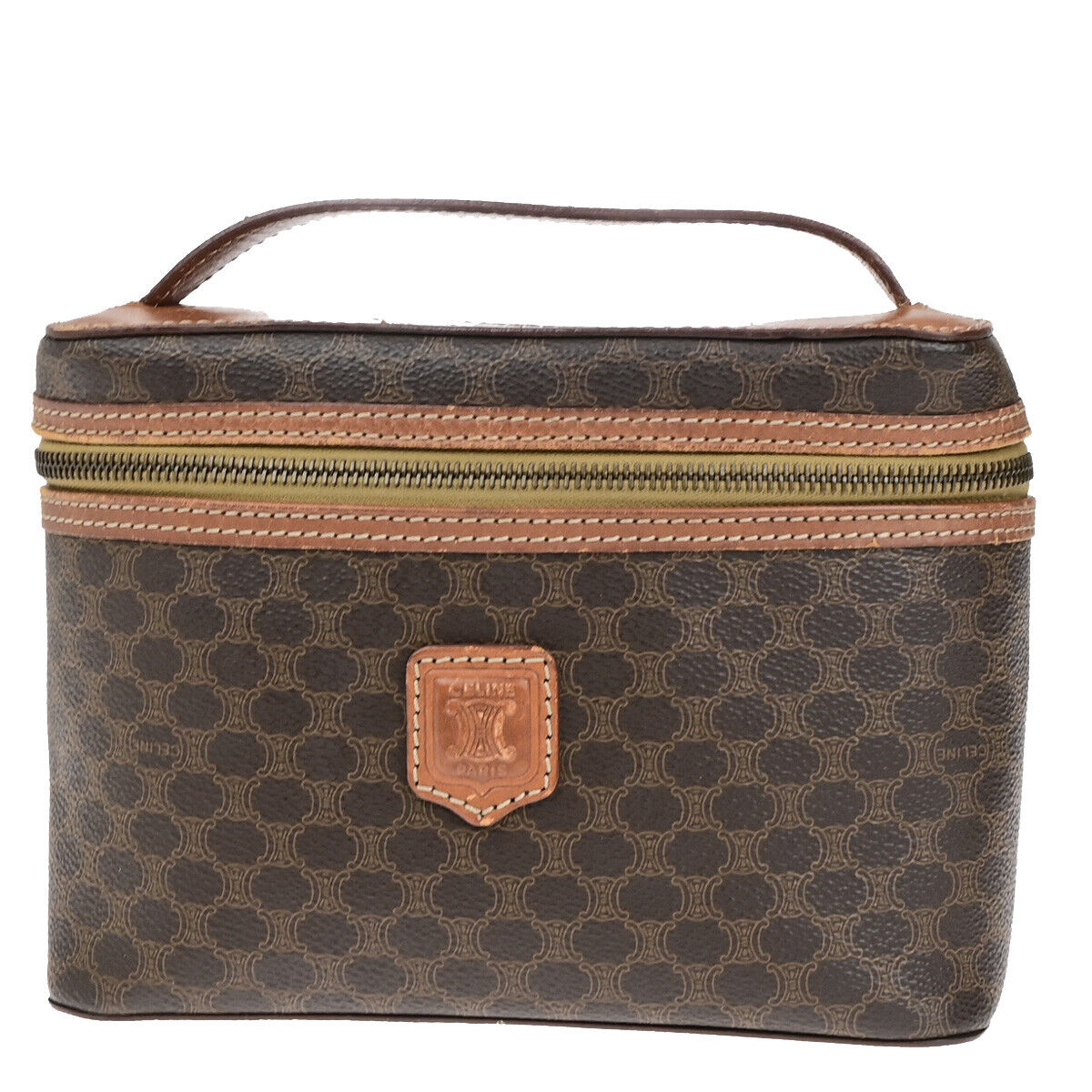 CELINE Logo Macadam Pattern Vanity Hand Bag PVC Leather Brown GHW Italy 63YG623