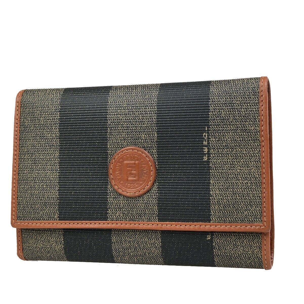 FENDI Logo Pequin Trifold Compact Wallet PVC Leather Brown Black Italy 05KA408