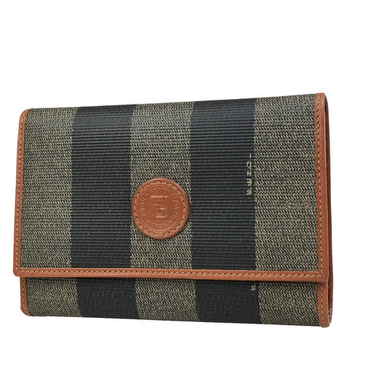 FENDI Logo Pequin Trifold Compact Wallet PVC Leather Brown Black Italy 05KA408