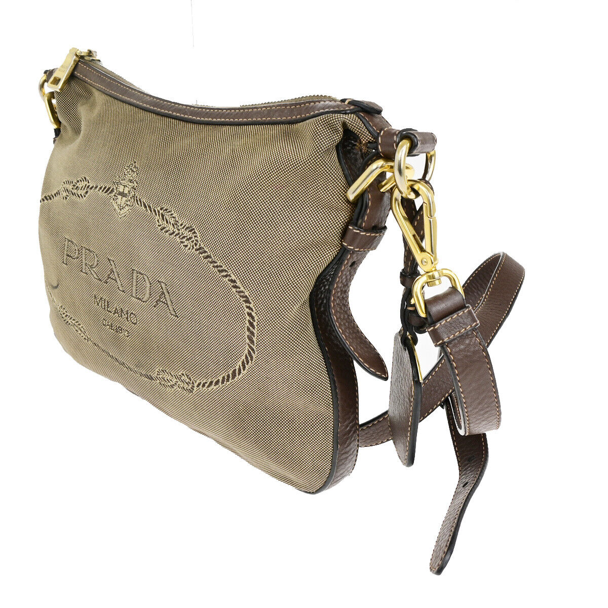 PRADA Logo Crossbody Shoulder Bag Jacquard Leather Brown GHW 60YF090