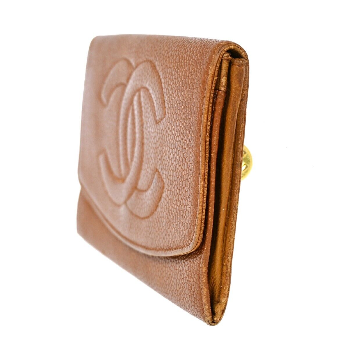 CHANEL CC Logo Bifold Wallet Purse Caviar Skin Leather Brown GHW France 02HB222