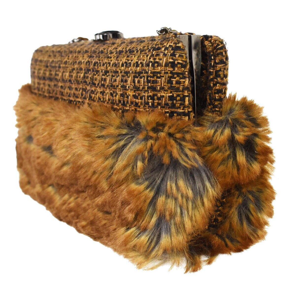 CHANEL CC Logo 2Way Chain Shoulder Clutch Bag Fur Wool Leather Brown 683LC294