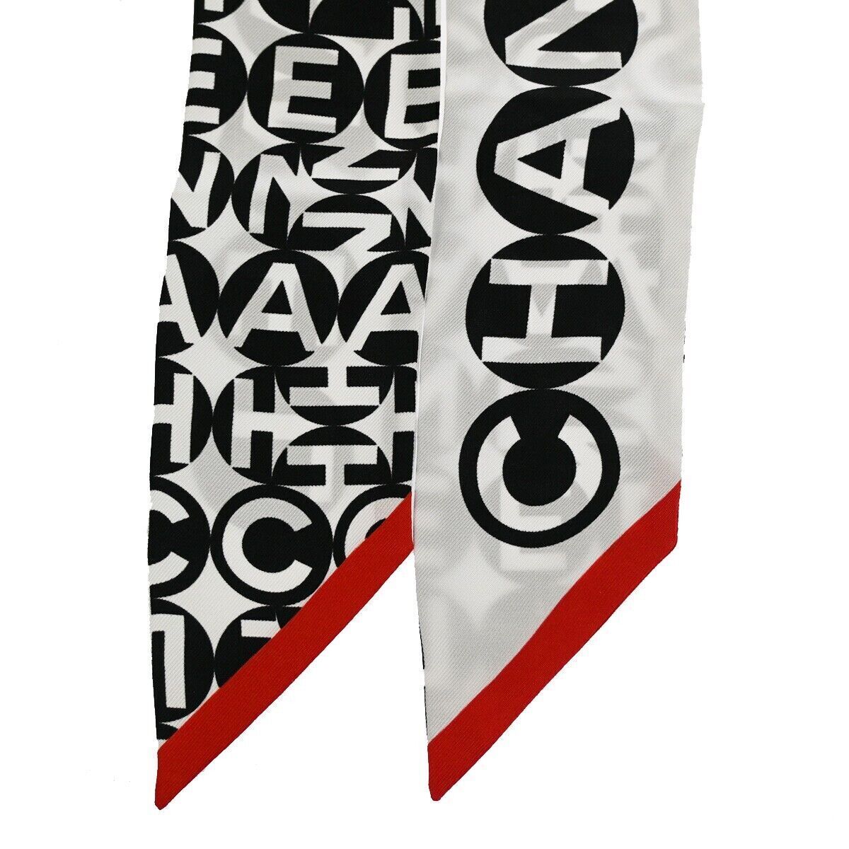 CHANEL Logo Long Scarf Ribbon 100% Silk White Black Red Italy Accessory 67YC050