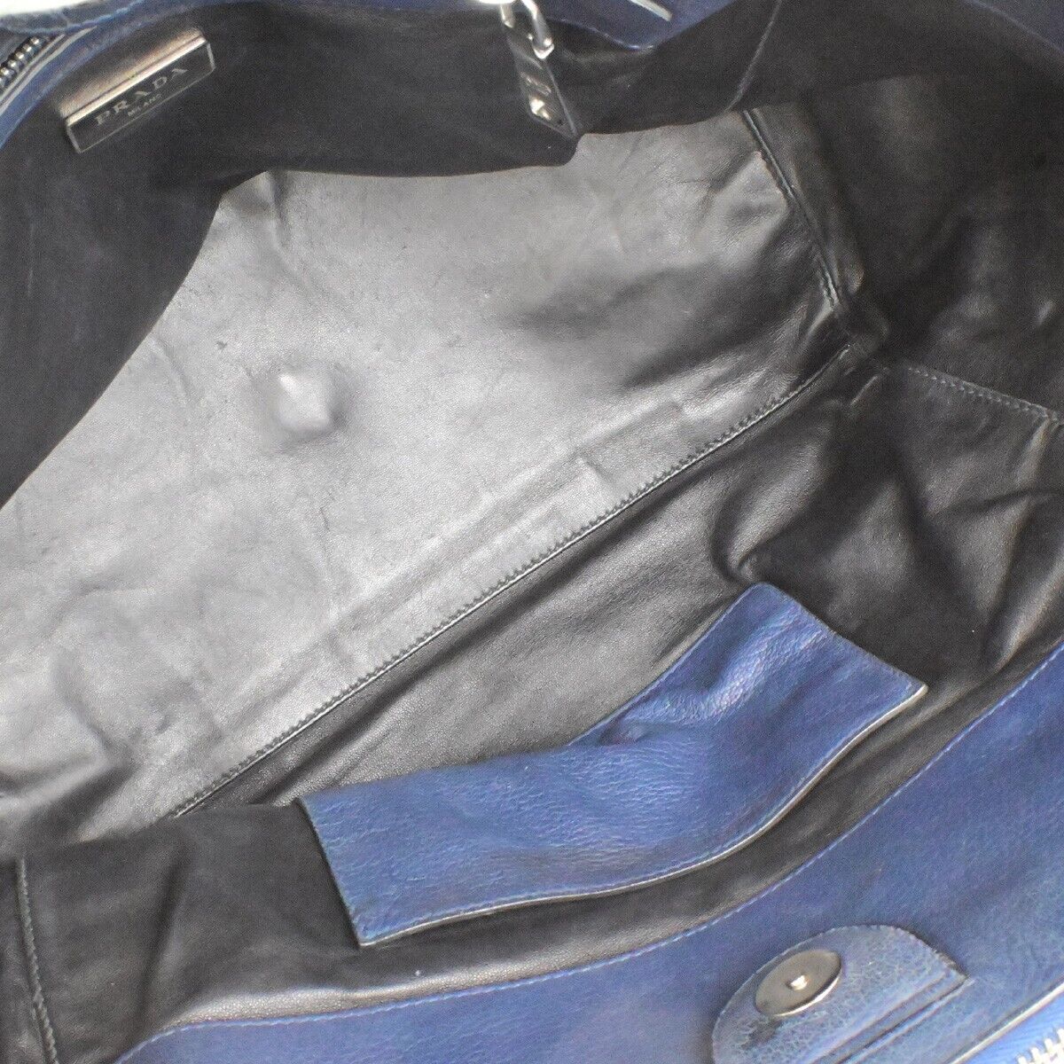 PRADA Milano Logo Shoulder Hand Bag Leather Navy Blue SHW Italy 31ED928