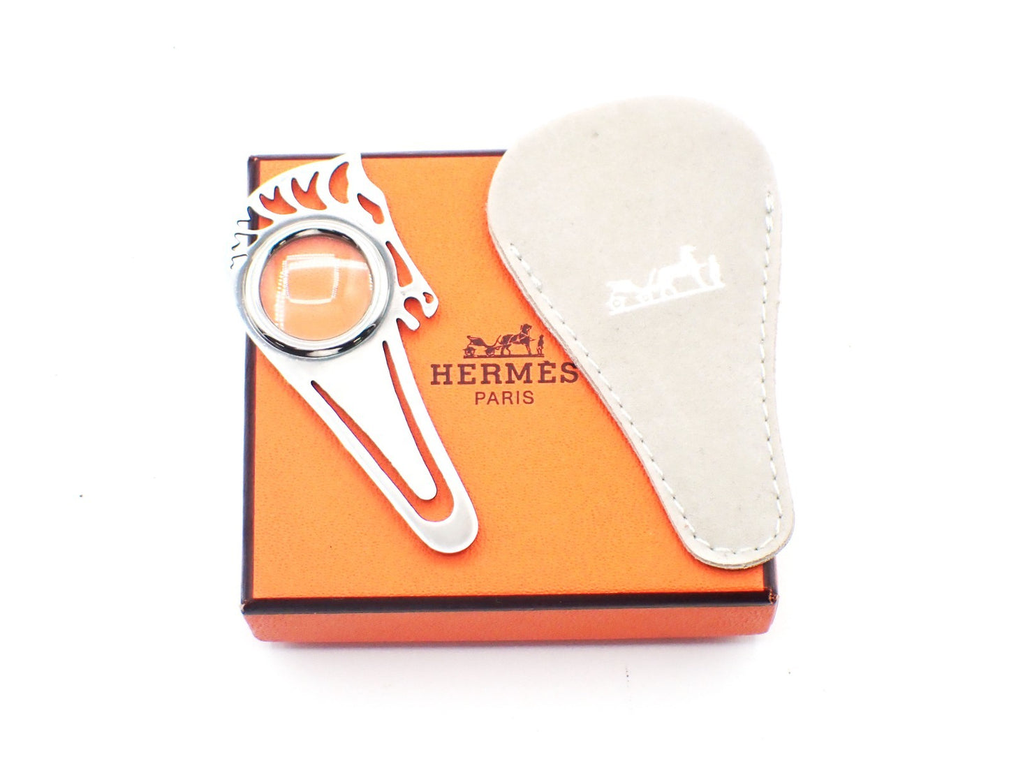 HERMES Horse Head Cheval Bookmark Magnifying Glass Silver Metal 60RL938