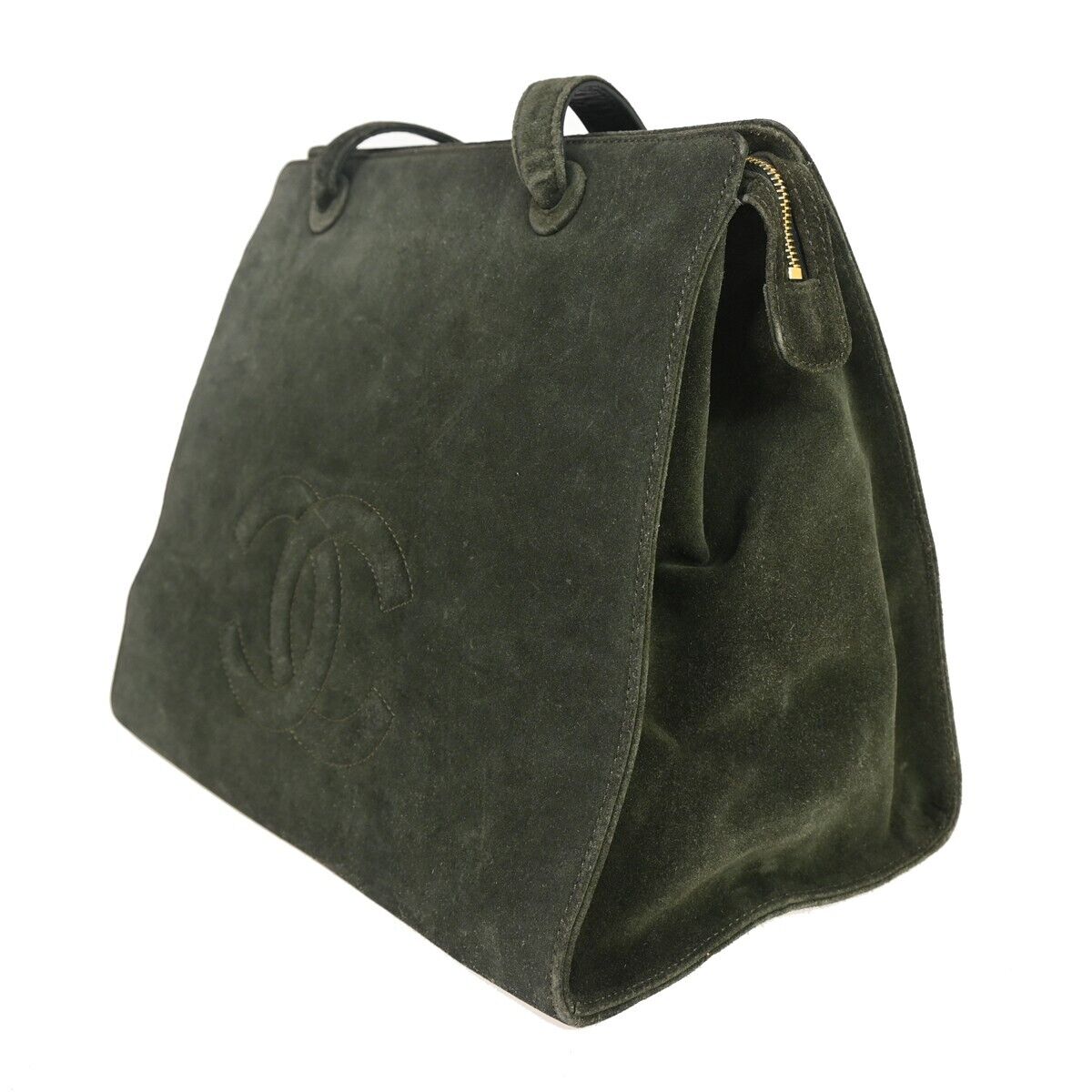 CHANEL CC Logo Shoulder Tote Bag Suede Skin Leather Khaki GHW Vintage 18HB212