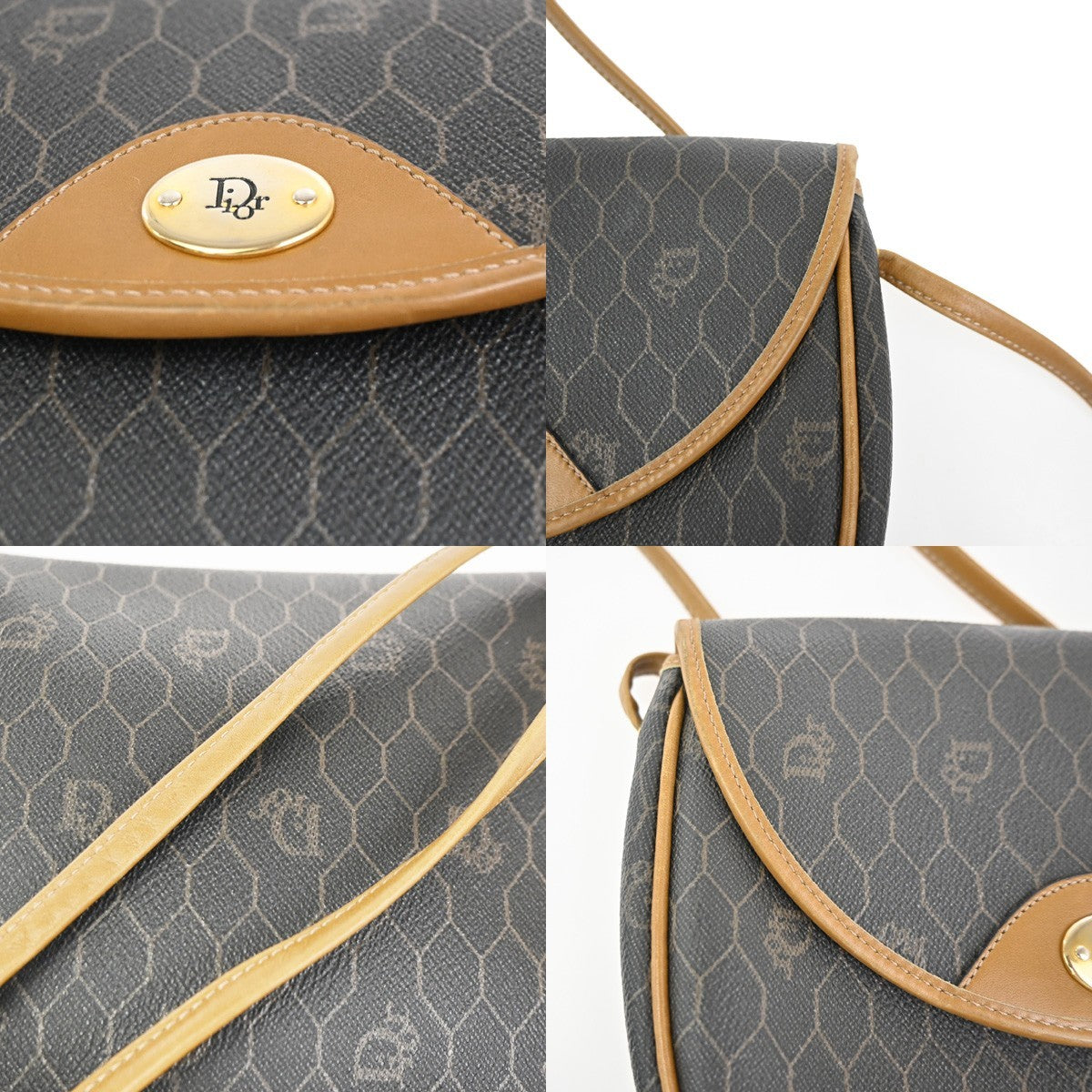 CHRISTIAN DIOR Logo Honeycomb Shoulder Bag PVC Leather BK BN GHW France 38YH902