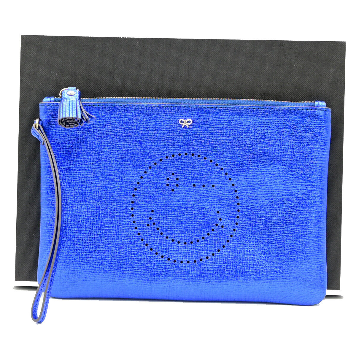 ANYA HINDMARCH Logo Smiley Wink Tassel Clutch Hand Bag Leather Blue 01KA261