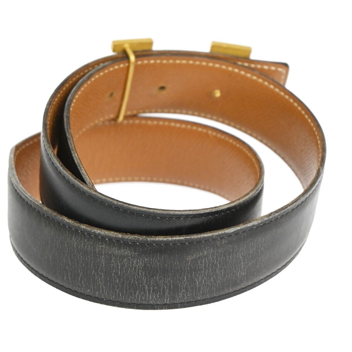 HERMES H Logo Constance Reversible Buckle Belt #68 Leather Black Gold 86YD916