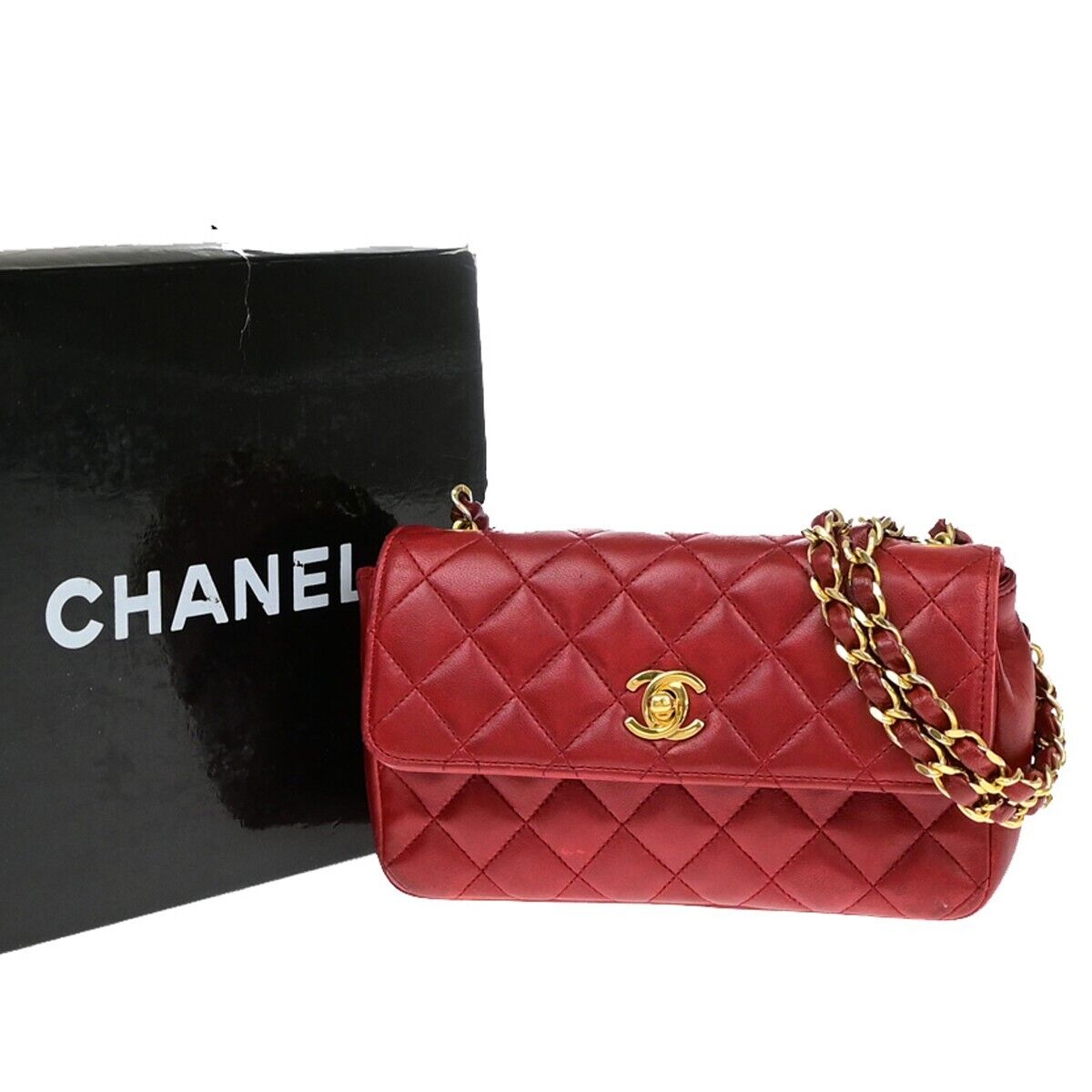 CHANEL CC Mini Matelasse Chain Shoulder Bag Leather Red GHW Vintage 696RF204