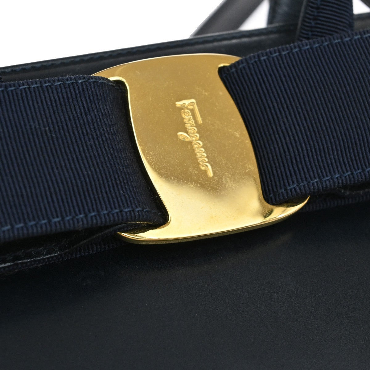 SALVATORE FERRAGAMO Logo Vara 2Way Hand Bag Canvas Leather Navy Blue GHW 38AA041