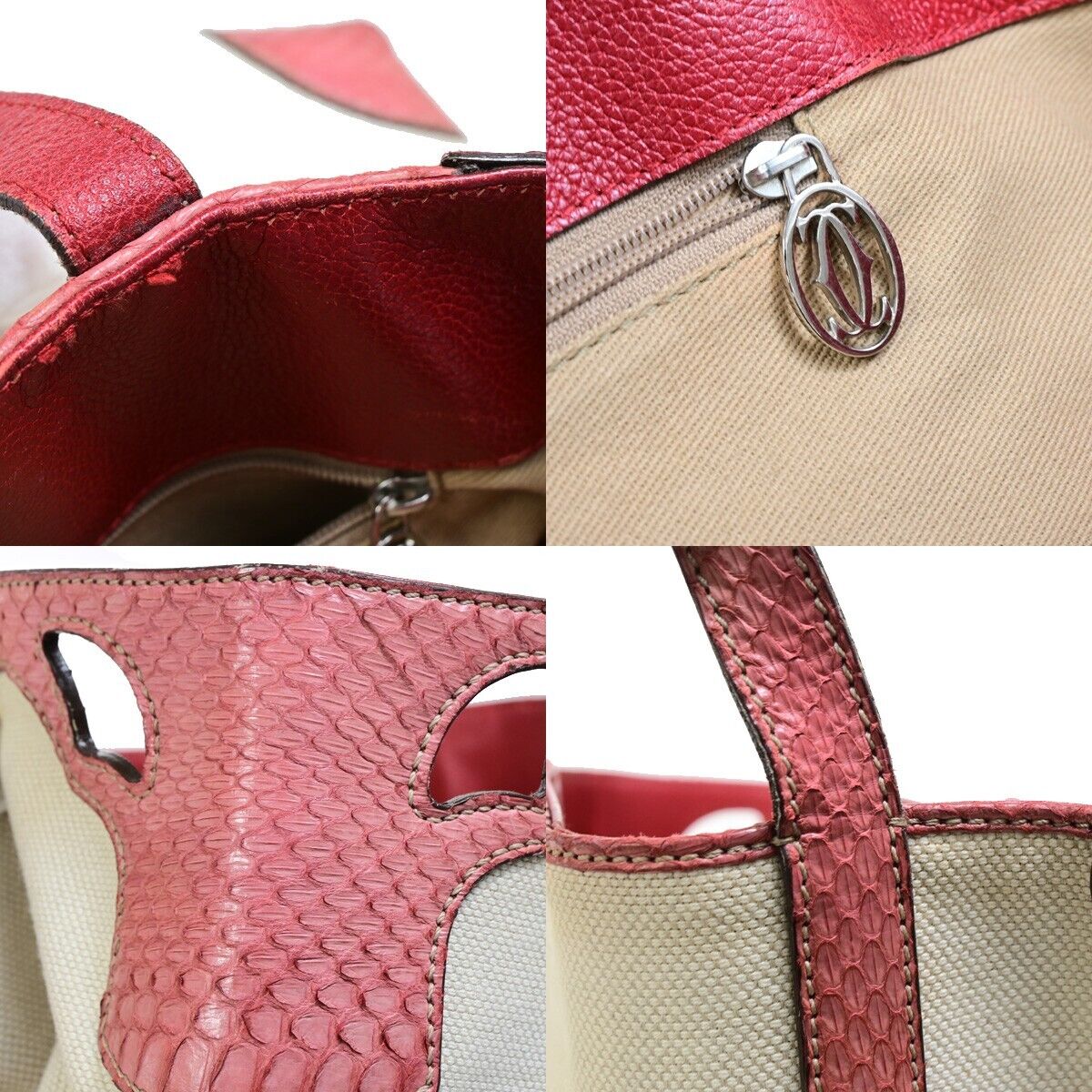 CARTIER Logo Marcello Shoulder Tote Bag Canvas Exotic Leather Beige Red 36FA996