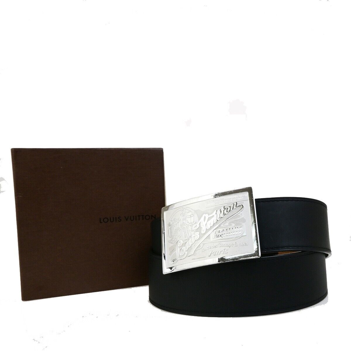 LOUIS VUITTON Logo Ceinture Jeans Belt Leather Black Silver Spain M6812 36FB286